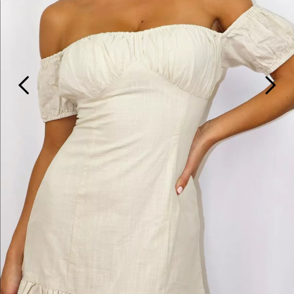 Missguided Petite Beige LinenLook Bardot MiniDress